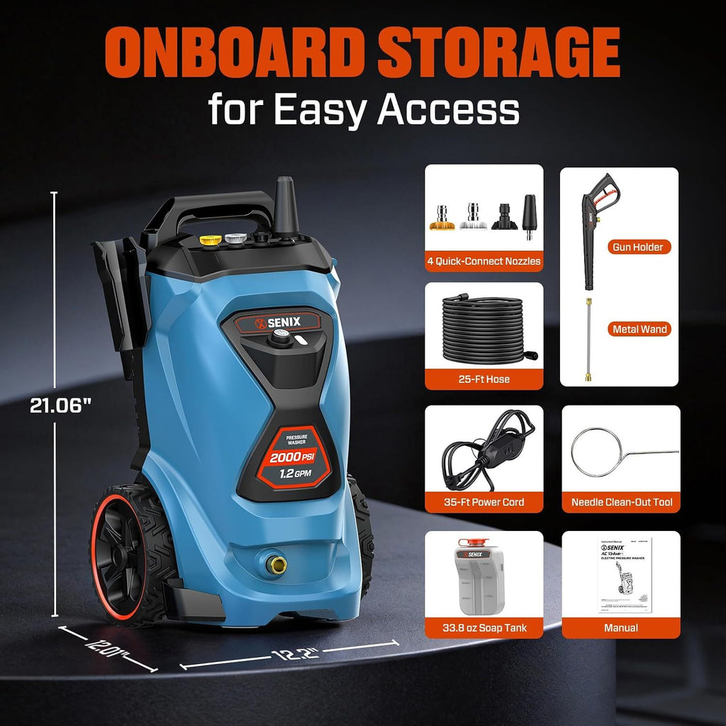 SENIX 2000 PSI Electric Pressure Washer 1.2 GPM with 4 Quick-Connect Nozzles Turbo Nozzle 25 ft Hose & 35 ft Cord Portable Power Cleaner for Cars Driveways Patios & Decks – 3-Year Warranty