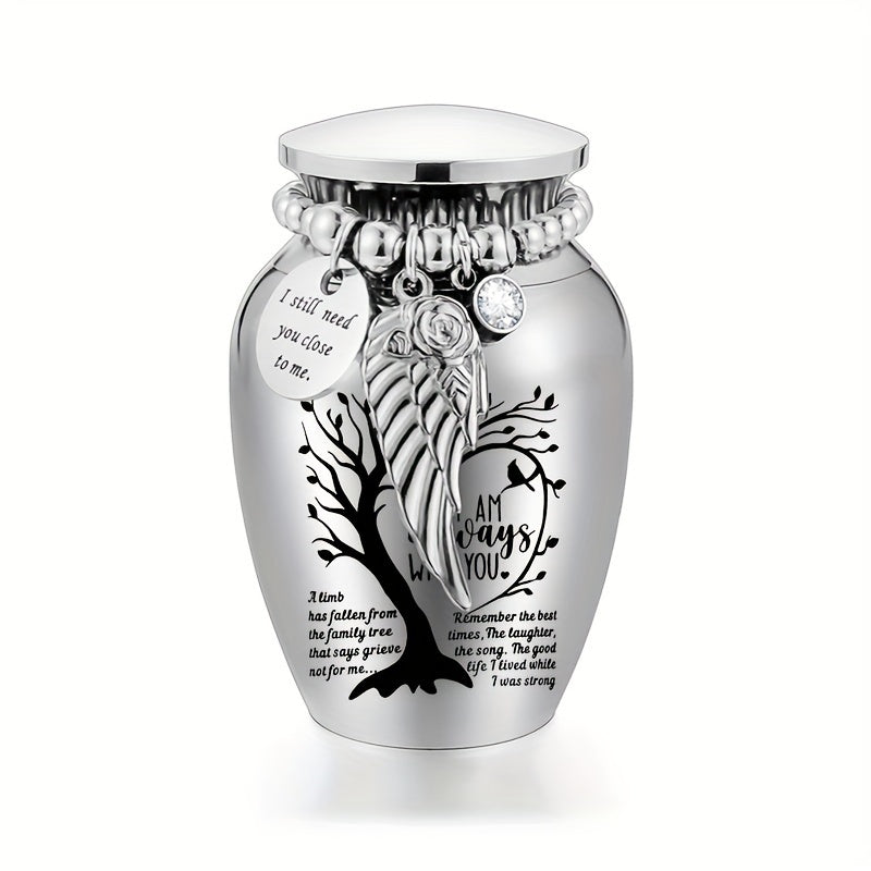 Mini Keepsake Cremation Urn with Wing Charm – 2.56 Inch Aluminum Alloy Memorial Ash Holder with "I Am Always with You" Engraving, Small Human Ashes Urn for Remembrance & Sympathy Gift, Silver