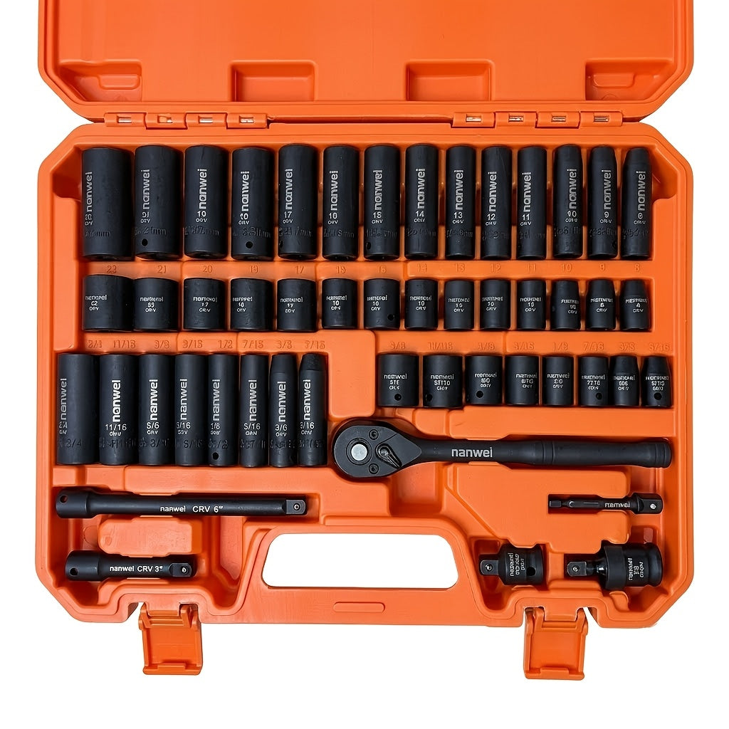 50-Piece 3/8-Inch Drive Impact Socket Set Metric 8-22mm & Imperial 5/16-3/4 In Hex Sockets with 1/4 & 3/8-In Bit Adapters Ratchet Handles & Portable Toolbox – Green Orange Purple Pink