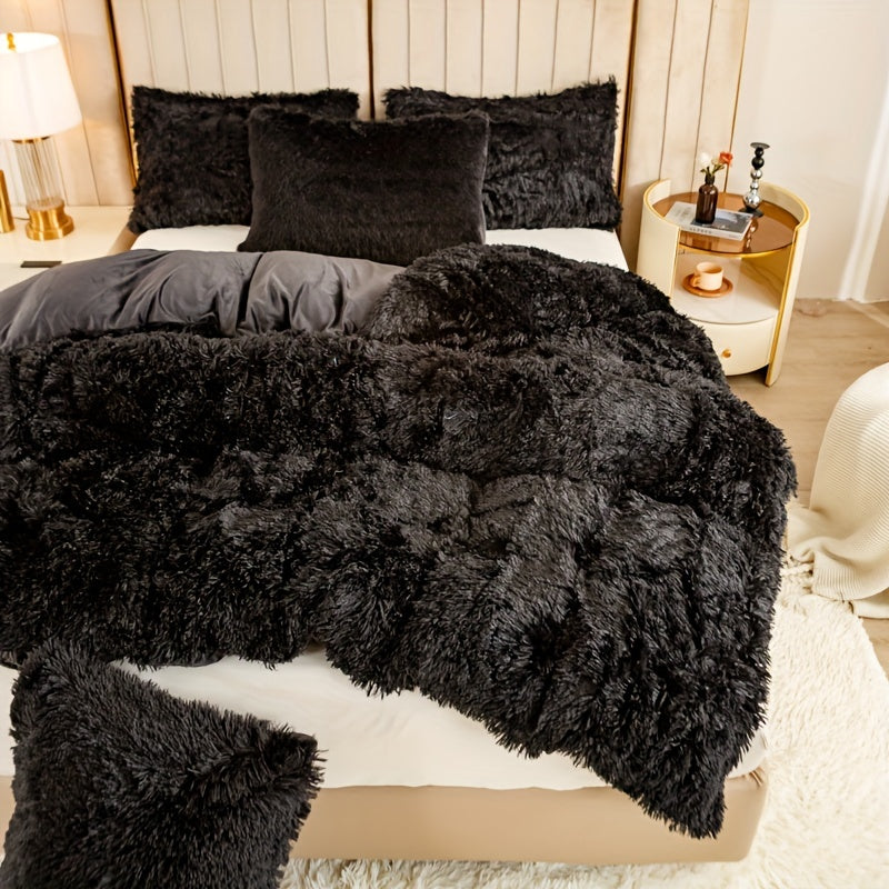 Plush Duvet Cover Set 3 Piece, Long Hair Knitted Polyester, Solid Color Fuzzy Comforter Cover with Zipper Closure, All-Season Soft Cozy Bedding Set for Bedroom, Multiple Colors Available