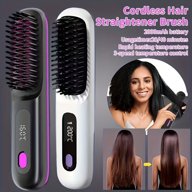 Portable Wireless Hair Straightener Comb - USB Charging, 3-Speed Temperature Control, Negative Ion Technology, LED Display - Lightweight Travel Hair Straightener - Black & White