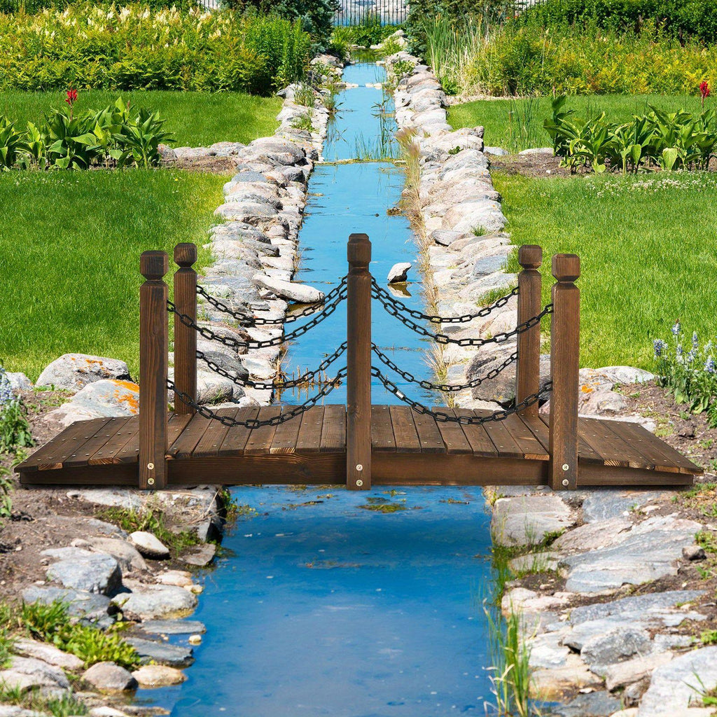 5 Ft Wooden Garden Arc Footbridge, 500 Lb Capacity, Half-Wheel Rails & 6 Pillars, Stained Fir Wood, for Garden, Creek, Backyard & Farm Walkway