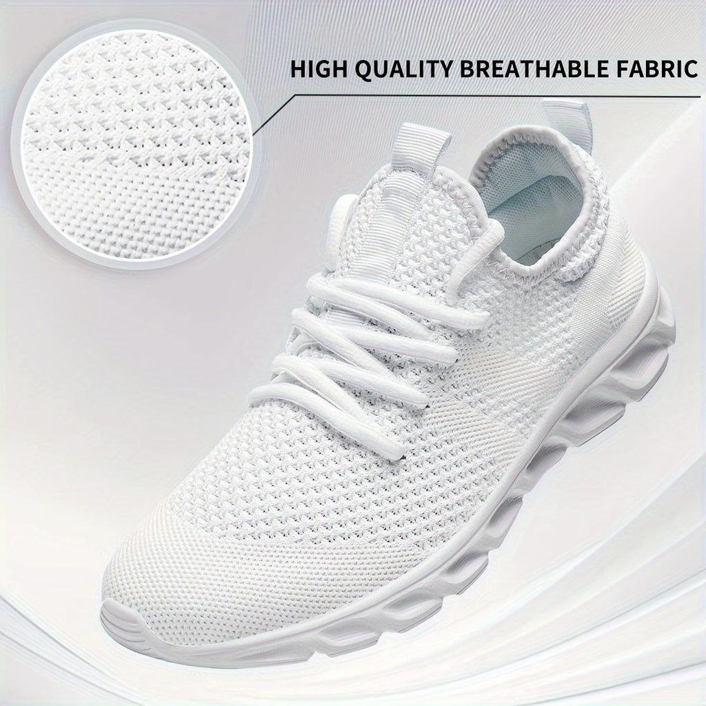 Men's Lightweight Breathable Knit Mesh Sneakers, EVA Sole Low-Top Lace-Up Running Walking Shoes, White Red Black Round Toe, All-Season Gym Travel Daily Wear, Sizes US 6-13.5