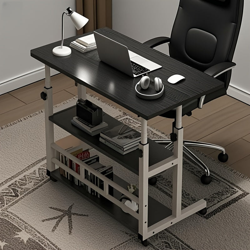 3-Tier Rolling Folding Desk with Wheels, Height-Adjustable and Expandable Desktop, Storage Shelf for Laptop, Study, Home Office, Bedroom, Living Room Computer Table