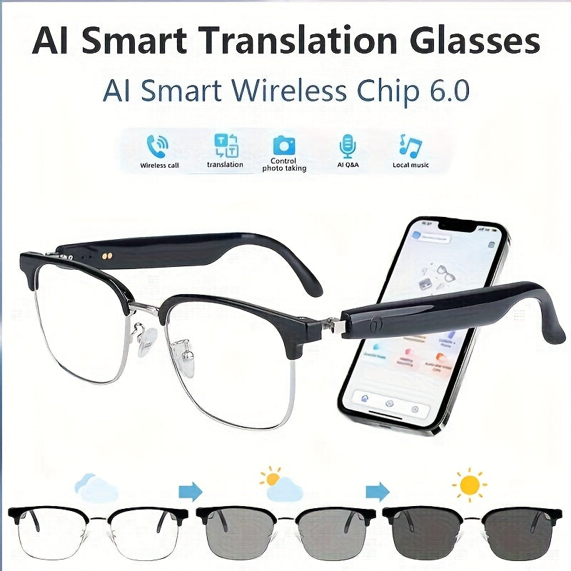 AI Smart Glasses with 8MP HD Camera, Touch Control, ChatGPT Real-Time Translation, Wireless Calling, Blue Light Protection, Dual-Mic Noise Reduction, and Photochromic Lens for Cycling, Driving, Travel, and Office Use