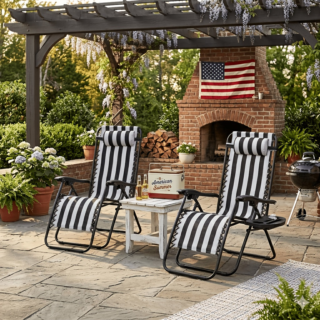 Set of 2 Zero Gravity Recliner Lounge Chairs – 500 LB Capacity Lockable Reclining Detachable Tray Cup Holder for Patio Lawn Garden & Beach in Blue Brown & Stripe Patterns