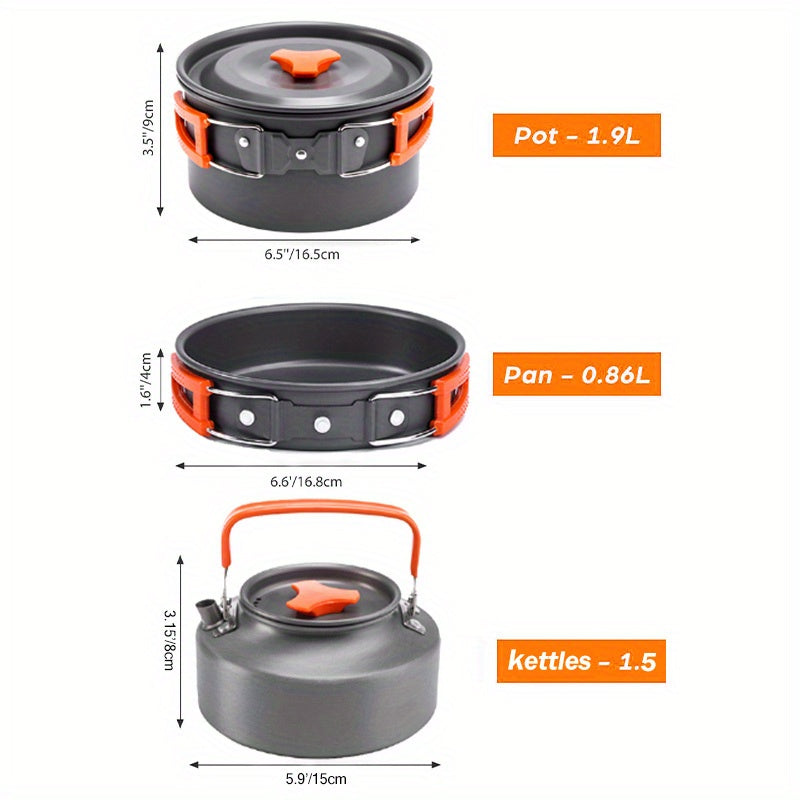 便携式露营炊具套装（2-3人适用）——含不粘锅、煎锅及水壶，折叠式收纳设计，轻便户外炊具套件，适用于徒步、背包旅行及出游