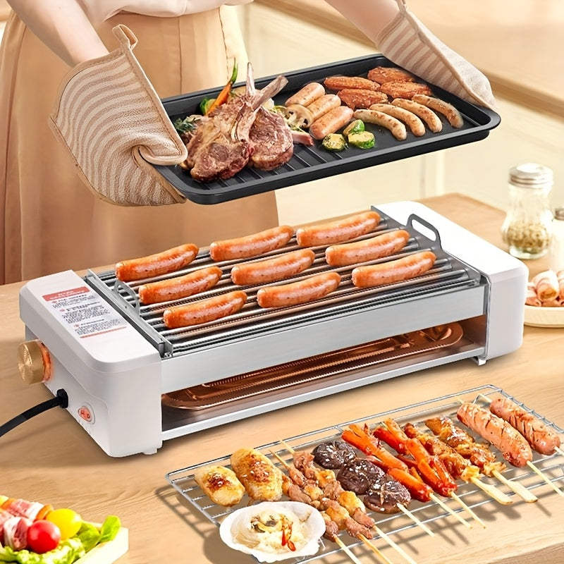 4-in-1 Electric Sausage Grill – Non-Stick Countertop with Adjustable Temperature Detachable Panel Silicone Oil Brush & Three-Tray Dish Easy to Clean for Kitchen & Dormitory Use in White