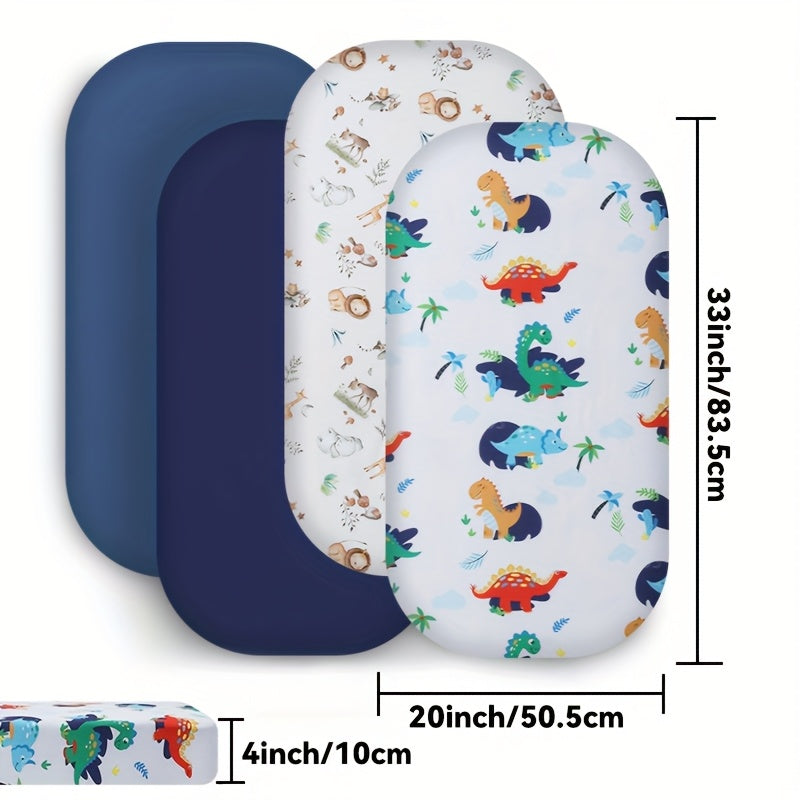 4-Piece Bassinet Fitted Sheet Set, 100% Polyester Soft Baby Sheets in Dinosaur & Lion and Flowers & Butterfly Prints, Blue & Navy Nursery Decor for Newborn Boys & Girls