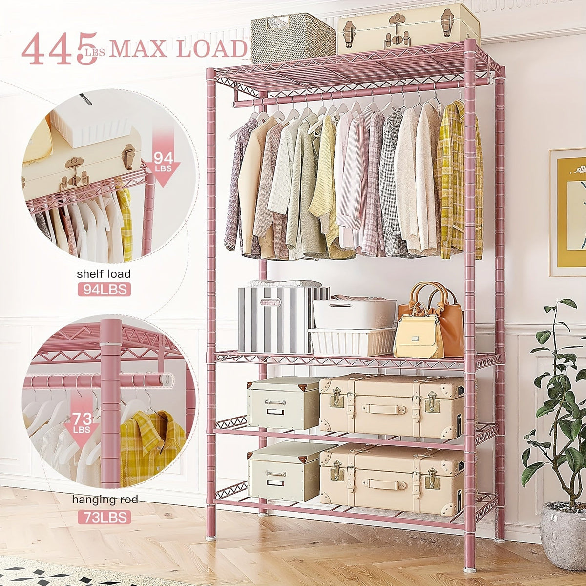 Heavy Duty Clothes Rack with 4 Drawers 420LBS Adjustable Clothing Rack for Hanging Coats Shirts Dresses Top Shelf 10-Minute Assembly for Bedroom Closet Apartment