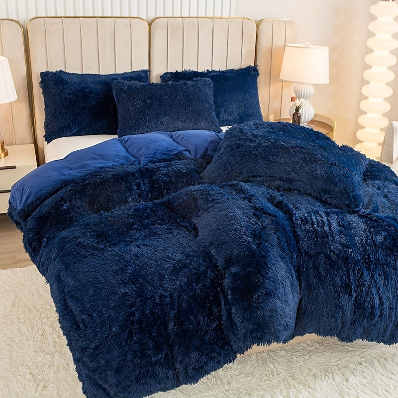 Plush Duvet Cover Set 3 Piece, Long Hair Knitted Polyester, Solid Color Fuzzy Comforter Cover with Zipper Closure, All-Season Soft Cozy Bedding Set for Bedroom, Multiple Colors Available