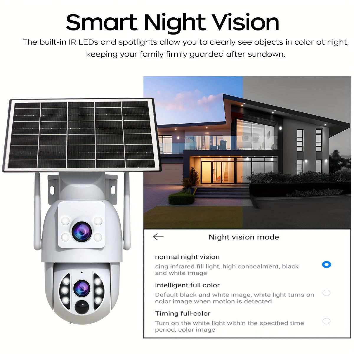 Solar Security Camera Outdoor 360° PTZ 1296P HD Dual Lens Color Night Vision Two-Way Audio Motion Detection WiFi SD Storage Rechargeable Battery Wall Mount