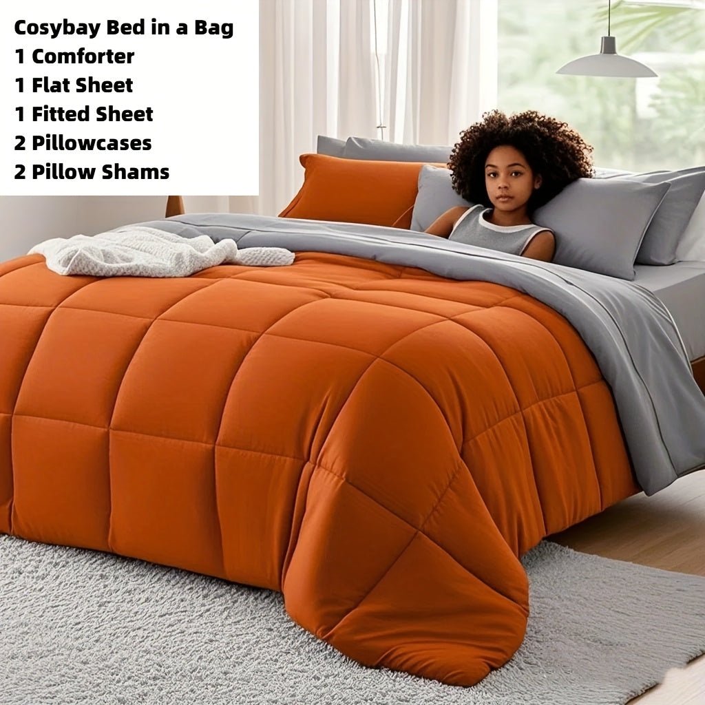7-Piece Comforter Set, Queen/King Size – Soft Microfiber Pinch Pleated Bed-in-a-Bag with Comforter, Fitted Sheet, Flat Sheet & 4 Pillowcases, All-Season Bedding Set for Home & Dorm