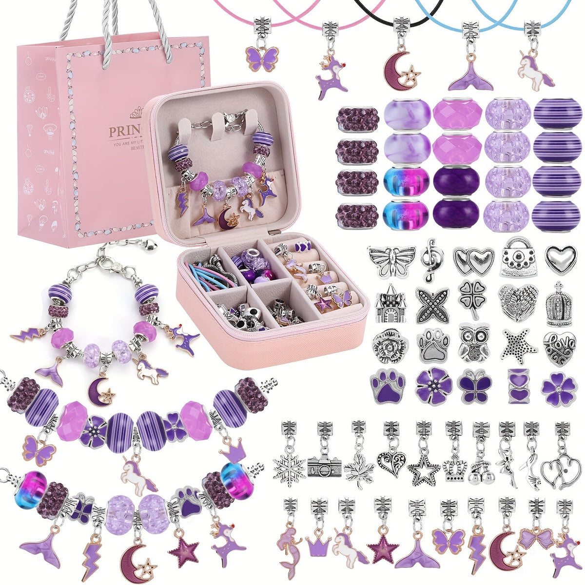 DIY Bracelet Making Kit for Girls, Unicorn & Mermaid Jewelry Craft Set with Portable Jewelry Box, Handmade Beading Gift for Birthday, Christmas, Graduation, Valentine's Day (Blue, Purple, Pink, Black)