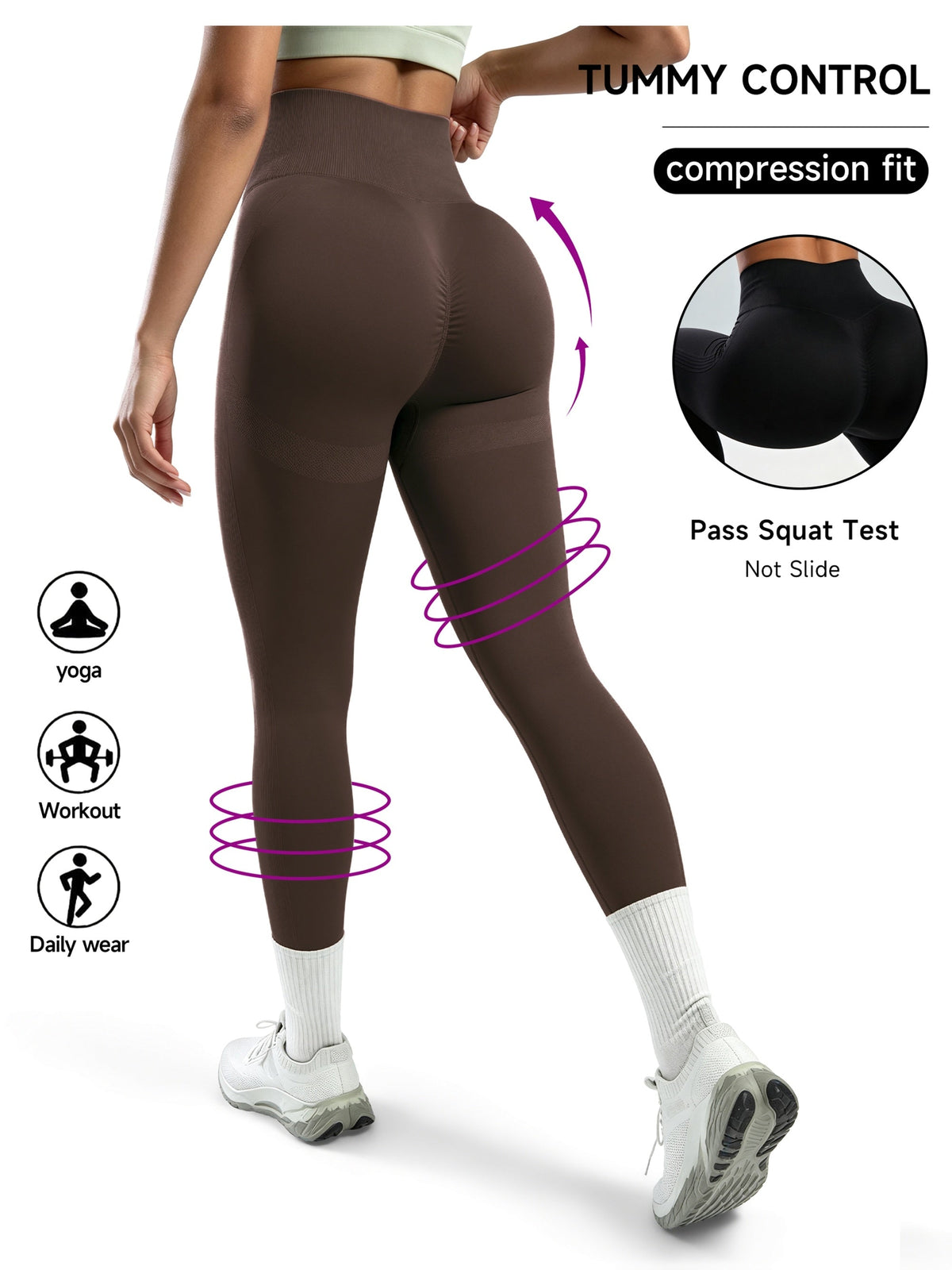 Women's High-Waisted Peach-Lift Yoga Pants – Tummy Control, Four-Way Stretch, Breathable Fitness Leggings for Gym, Yoga & Everyday Wear, All-Season High-Elastic Fabric, Coffee Brown, Black, or Olive Green, S-XL