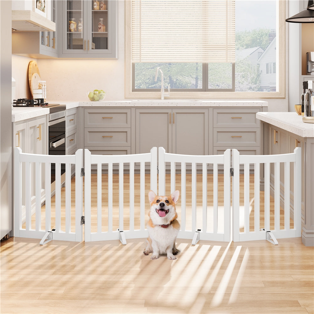 Freestanding Wooden Dog Gate 3-Panel with Door, 24"/36" Height, Anti-Scratch, Two Support Feet, Indoor Pet Barrier for Doorway Stairs Hallway, for Small Dogs & Puppies, White