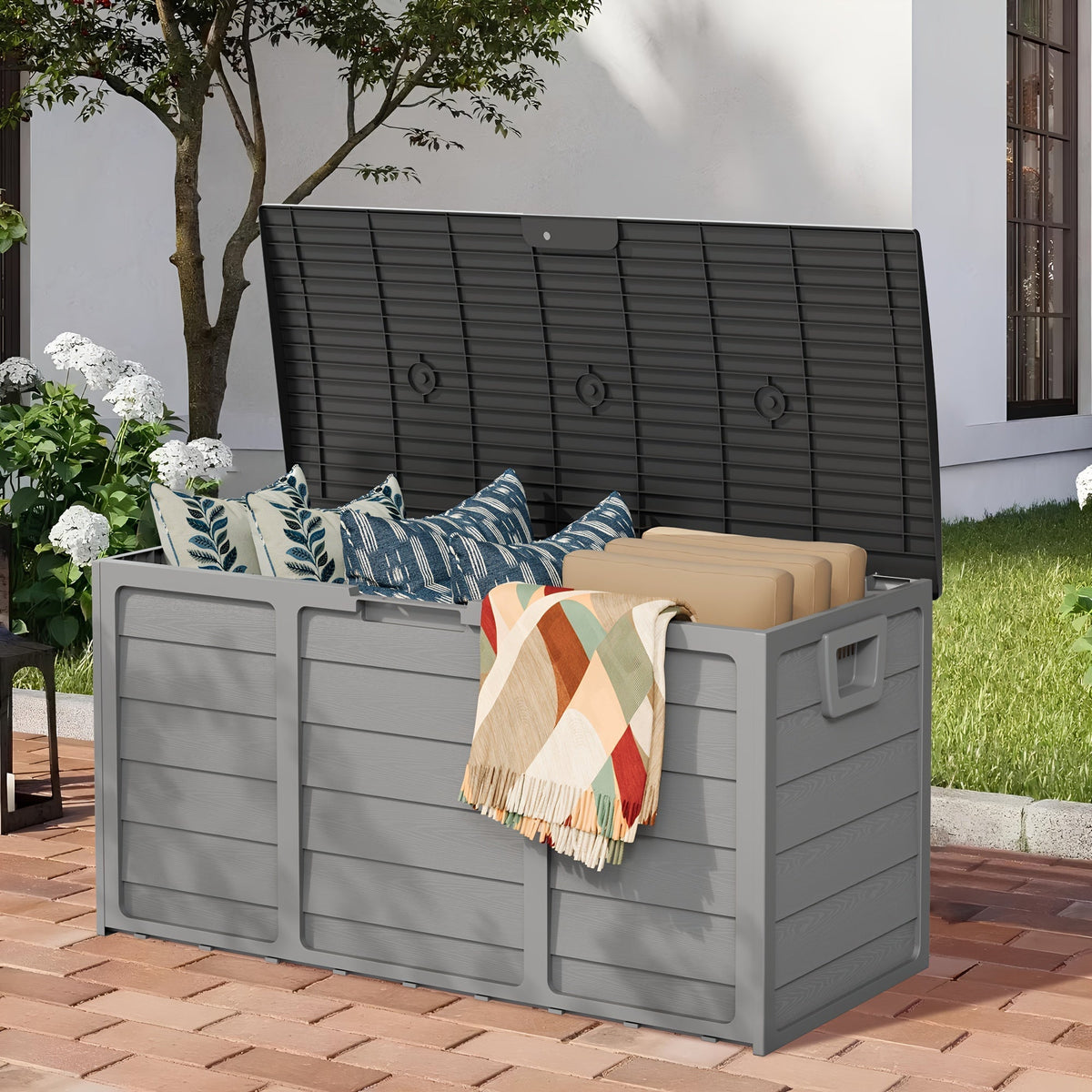 75-Gallon Resin Outdoor Storage Deck Box with Handles for Pool Accessories, Garden Tools, and Camping Gear