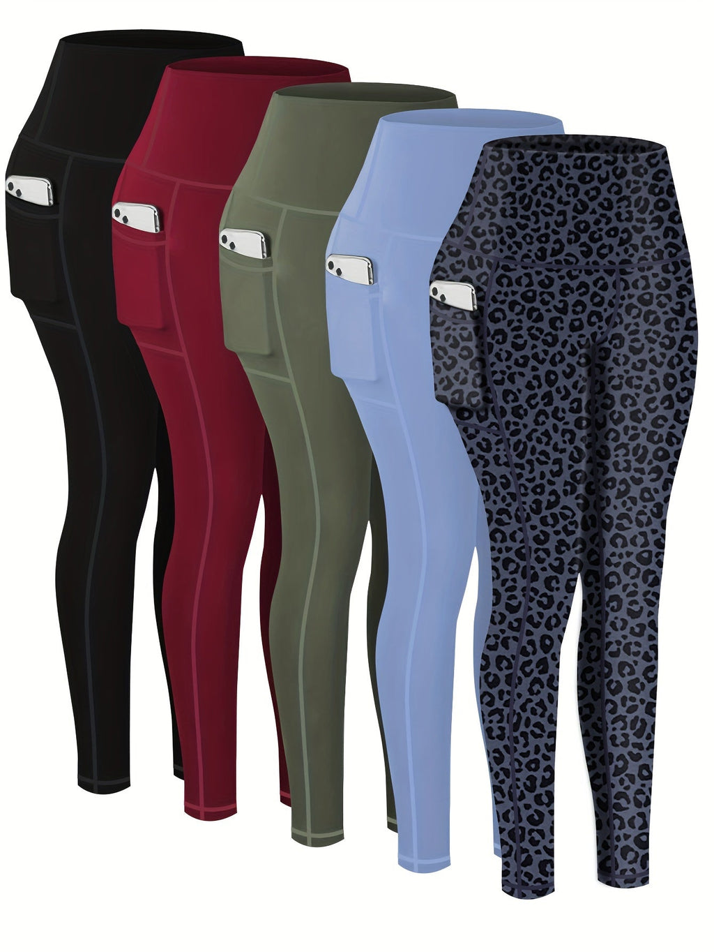 5-Piece Women's Printed Compression Yoga Pants – 7/8 Length Fitness Running Leggings with Leopard, Camo & Solid Patterns, High-Waist Athletic Tracksuit Bottoms for Gym Workout, S-XXL