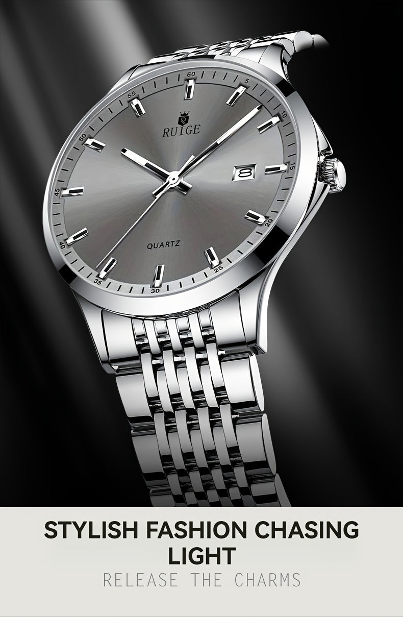 RUIGE Men's Luxury Quartz Watch Stainless Steel with Calendar, Luminous, and Rhinestone Accents - Sports Business Dress Watch for Men, Gift for Him