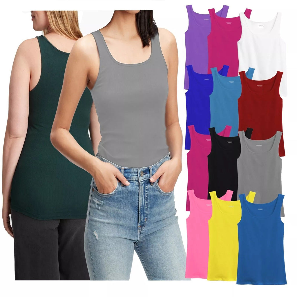 Women's 100% Cotton Ribbed Tank Top Tagless Sleeveless Undershirt Round Neck Multipack 3, 6, 9, 12 Pcs Random Colors S-XXL
