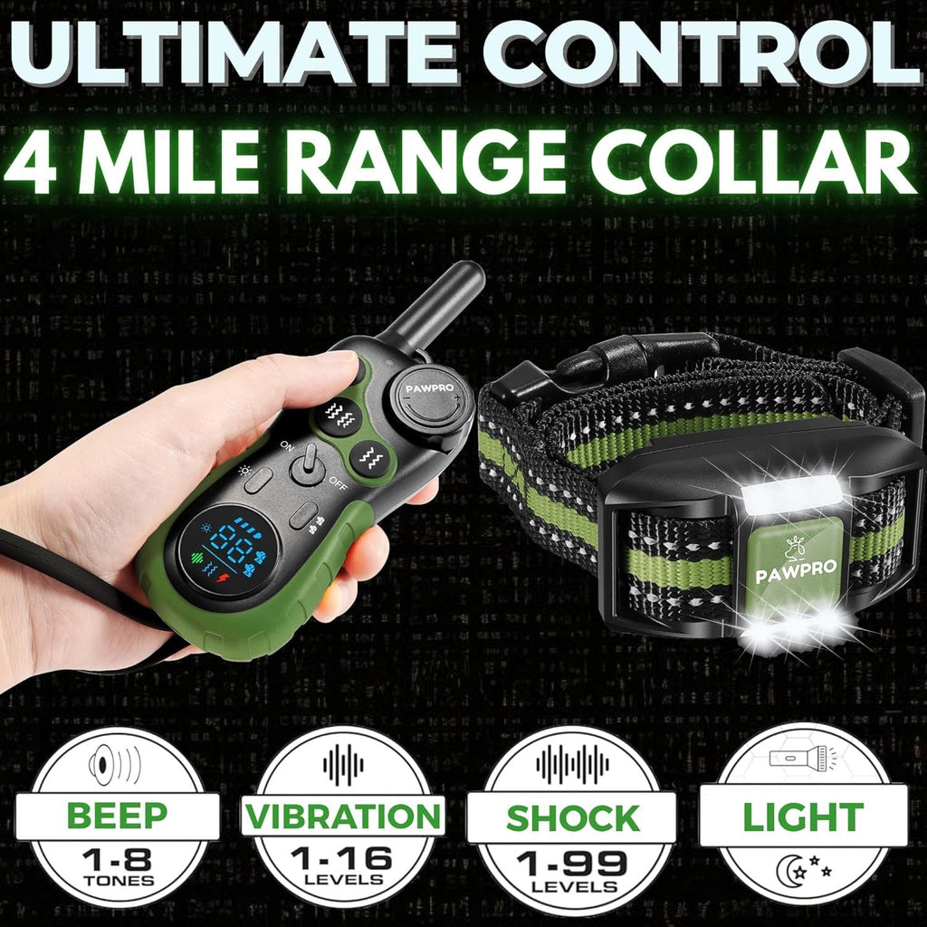 Dog Training Collar with Remote, 4-Mile Range – 124 Adjustable Levels, 4 Modes (Beep, Vibration, Shock, Night-Light), Rechargeable E-Collar for Dogs 5–135 lbs, Includes Training Guide