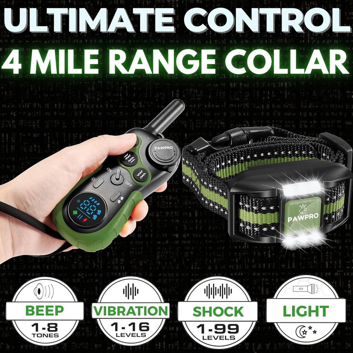 Dog Training Collar with Remote, 4-Mile Range – 124 Adjustable Levels, 4 Modes (Beep, Vibration, Shock, Night-Light), Rechargeable E-Collar for Dogs 5–135 lbs, Includes Training Guide