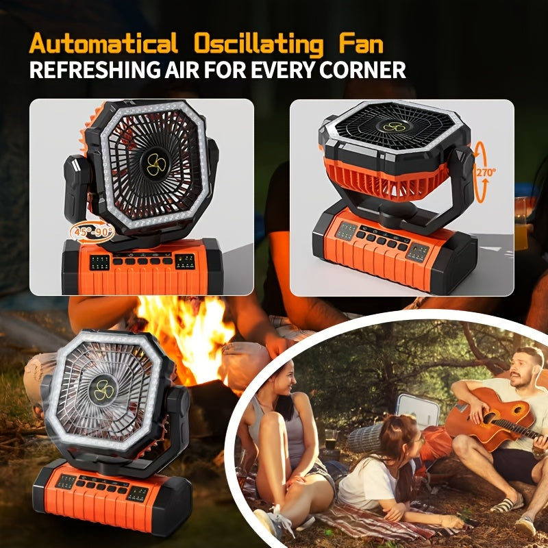 20000mAh Rechargeable Camping Fan with Built-in LED Light, Tent Hook, USB Charging, Portable Battery-Powered Outdoor Cooling Fan for Camping, Hiking, Power Outages, and Construction Sites - Orange Upgraded Model