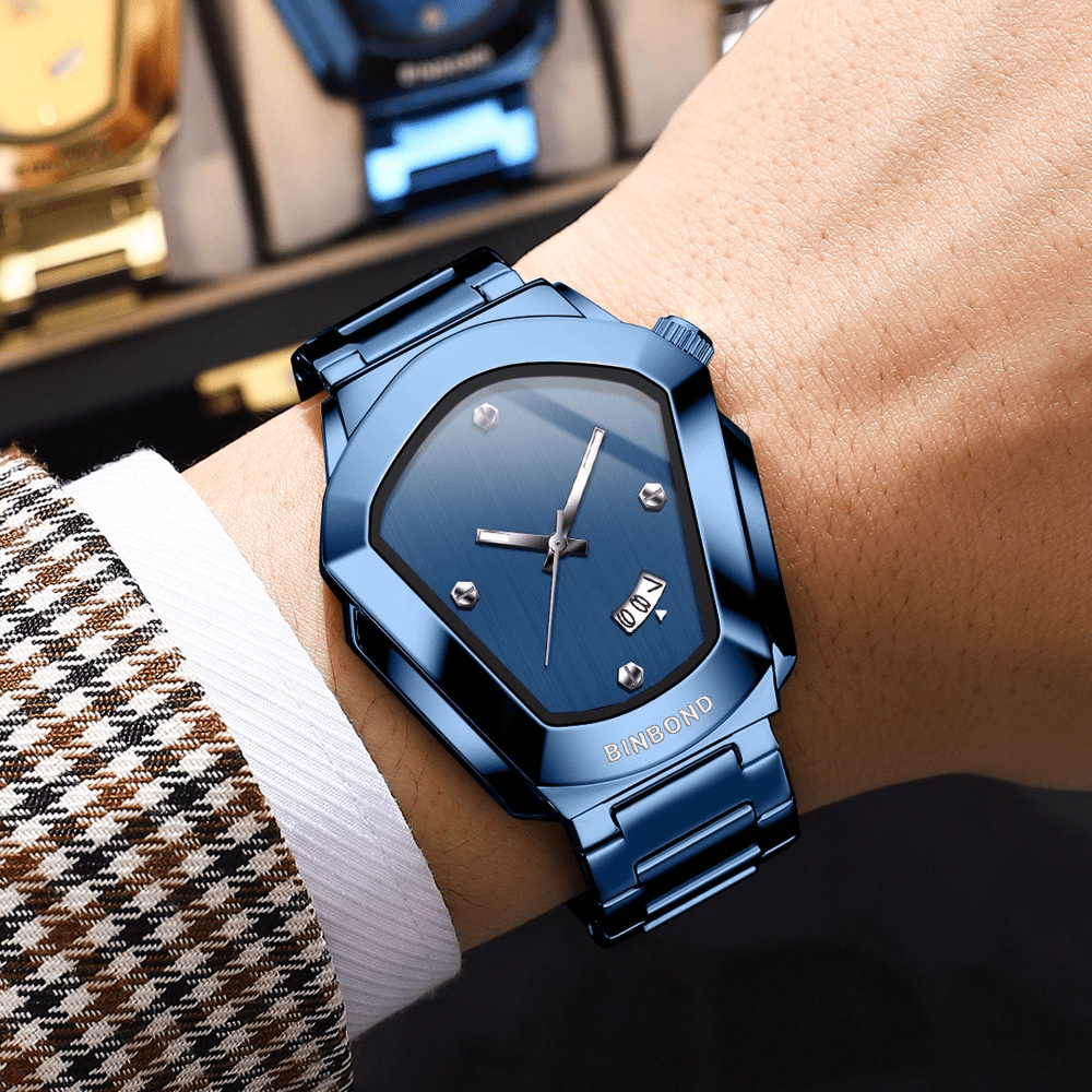 Men's Minimalist Quartz Watch with Irregular Dial & Calendar - Slim Business Wristwatch with Alloy Case and Metal Strap, Ideal for Office, Casual Daily Wear, and Birthday Gifts