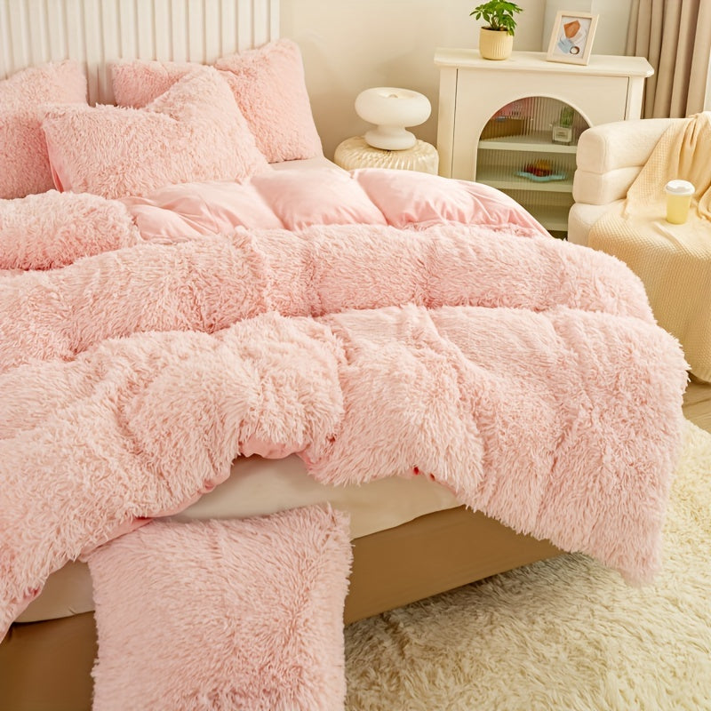Plush Duvet Cover Set 3 Piece, Long Hair Knitted Polyester, Solid Color Fuzzy Comforter Cover with Zipper Closure, All-Season Soft Cozy Bedding Set for Bedroom, Multiple Colors Available