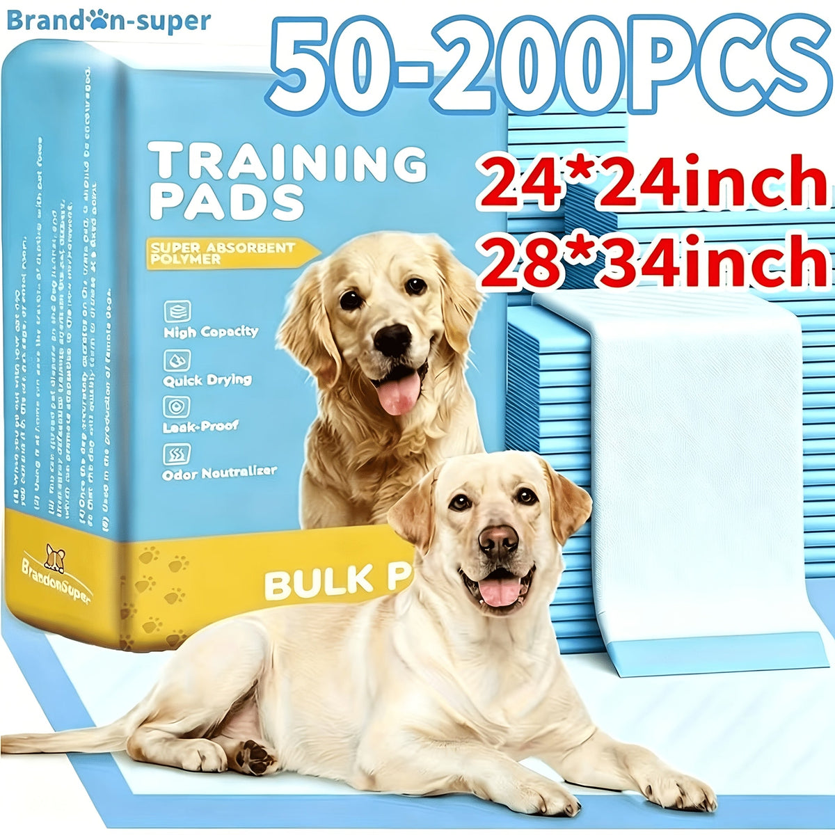 Ultra Absorbent Dog Potty Pads – 300% Thicker Leak-Proof Backing, 28"x34" & 24"x24" Sizes, 50-200 Pads Bulk Pack, for Home, Travel & Camping, Ideal for Active Dogs & Puppies