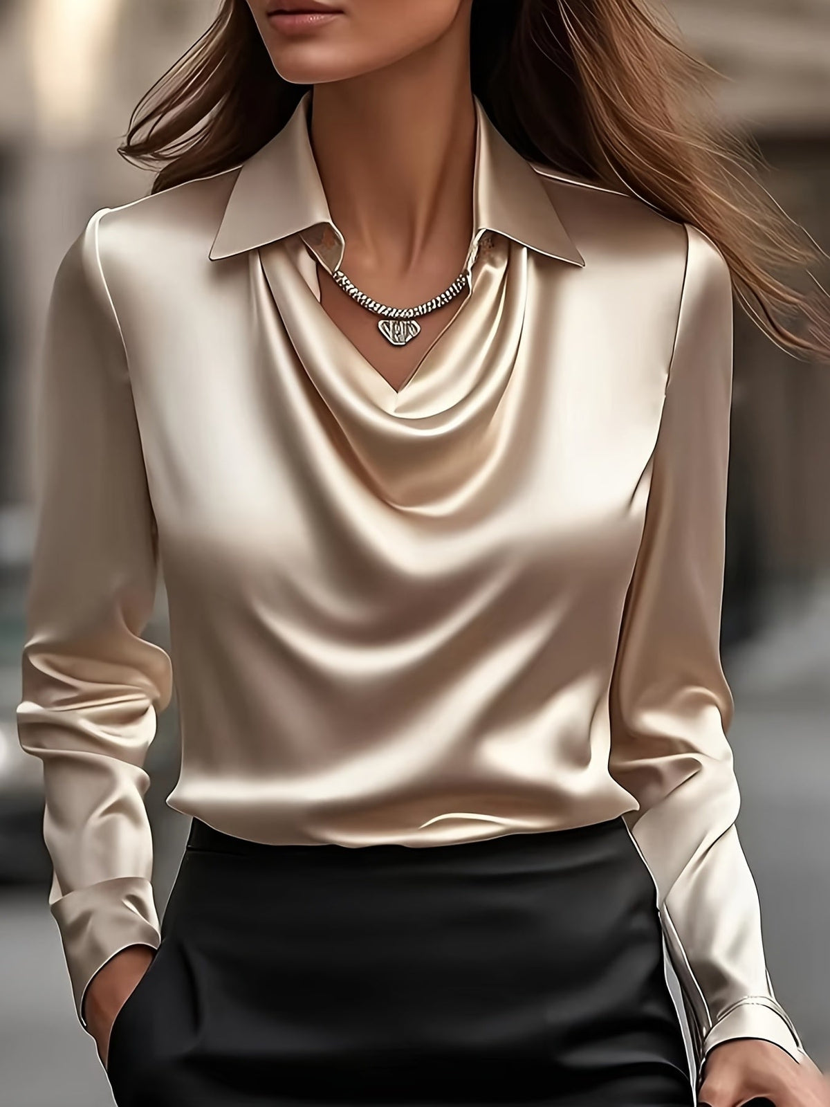 Women's Solid Color Cowl Neck Loose Stand-up Collar Top Champagne Pink, Rouge, Blue, Burgundy, Sizes S M L XL XXL Casual Blouse