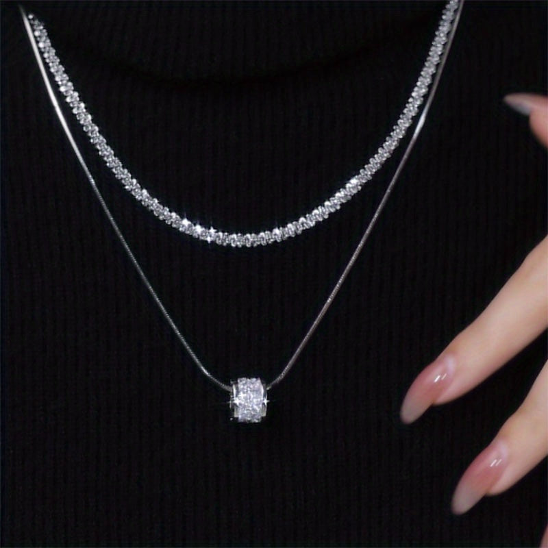 S925 Sterling Silver Double Layer Clavicle Chain Necklace for Women, Elegant Cubic Zirconia Sweater Chain, Minimalist Fashion Jewelry for Daily Wear and Gifts, All Seasons