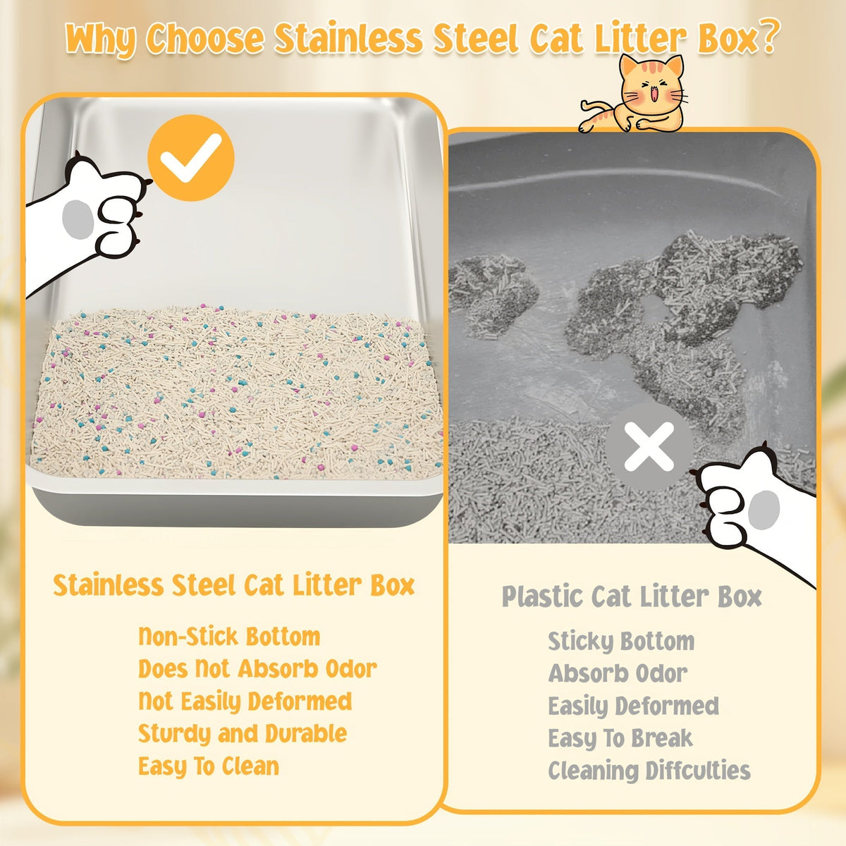 Stainless Steel Cat Litter Box, High-Sided Anti-Leakage Metal Litter Pan with Scoop and Sifting Tray, Rust-Proof, Odor-Resistant, Non-Stick, Easy-Clean Indoor Cat Toilet for Medium to Large Cats