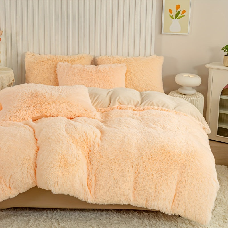 Plush Duvet Cover Set 3 Piece, Long Hair Knitted Polyester, Solid Color Fuzzy Comforter Cover with Zipper Closure, All-Season Soft Cozy Bedding Set for Bedroom, Multiple Colors Available
