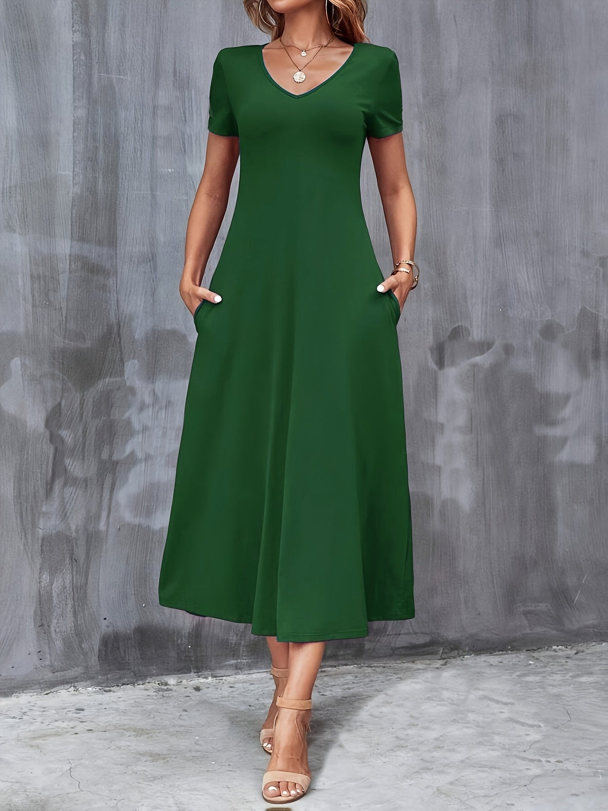 V-Neck A-Line Dress with Pockets, Women's Short Sleeve Casual Solid Color Knit Stretch, Machine Washable, Blue, Black, Navy, Burgundy, Olive, Dark Green, S, M, L, XL, XXL