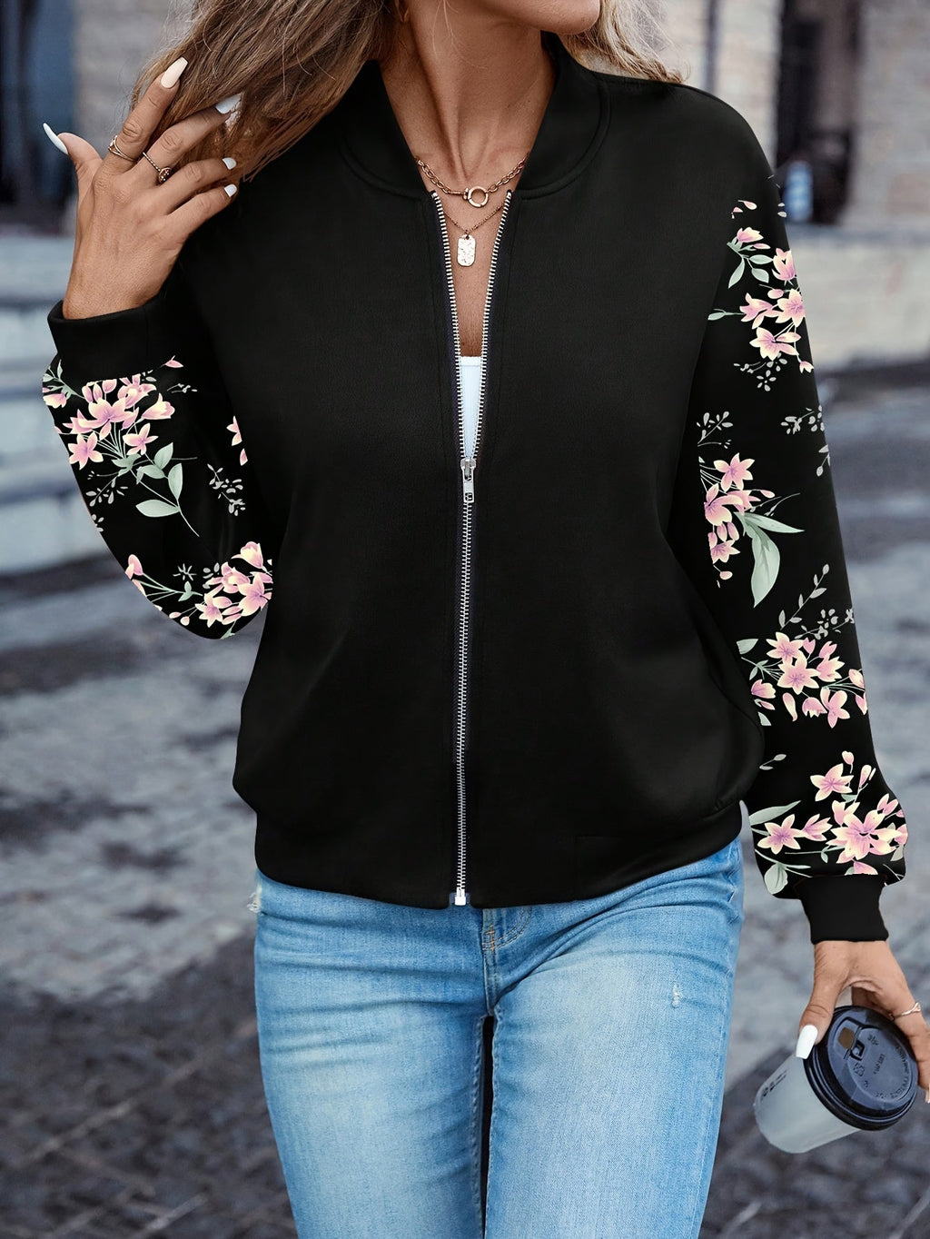 Women's Floral Print Zip-Up Baseball Collar Long Sleeve Lightweight Casual Jacket, Black, S-XXL