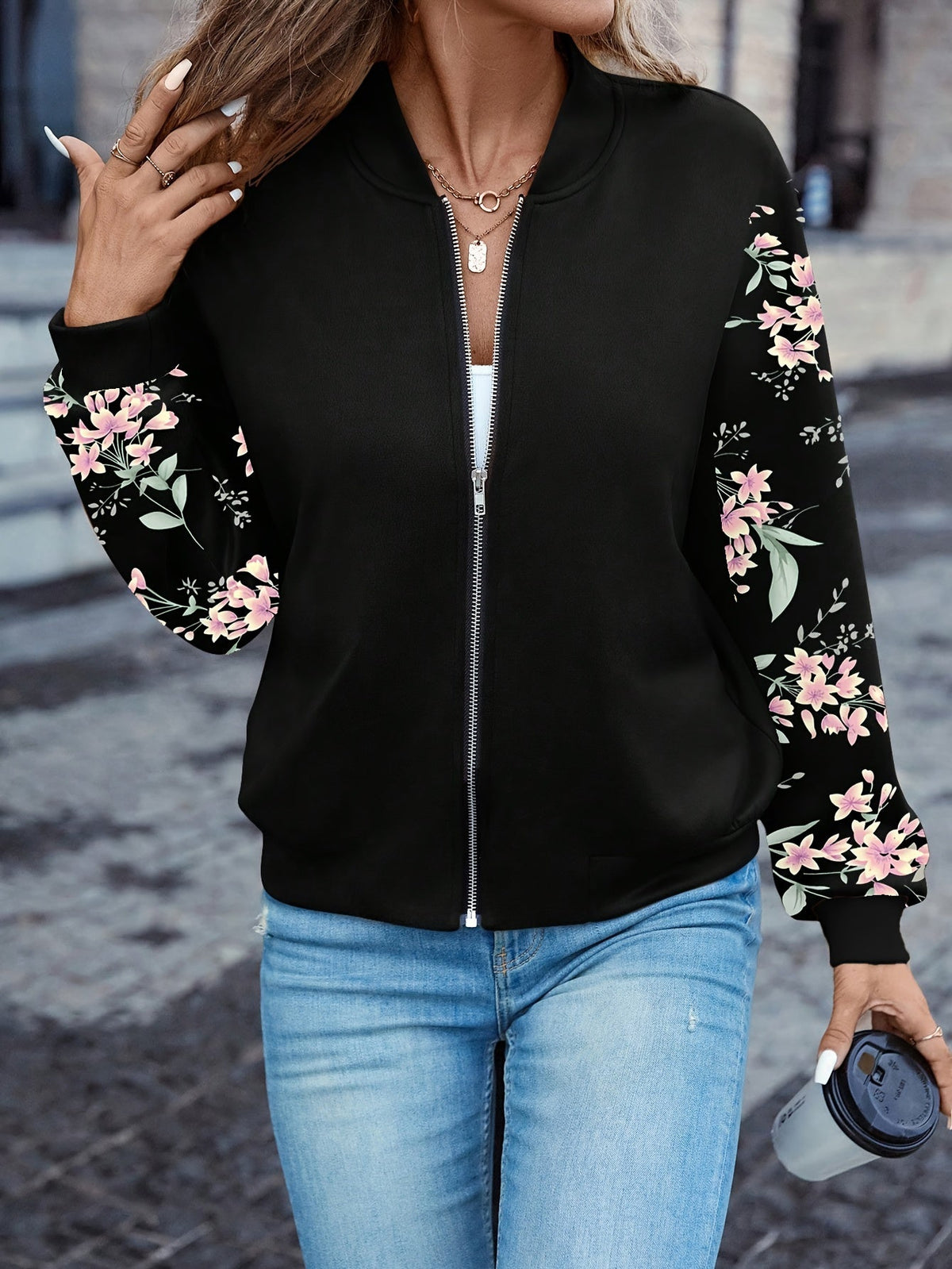 Women's Floral Print Zip-Up Baseball Collar Long Sleeve Lightweight Casual Jacket, Black, S-XXL