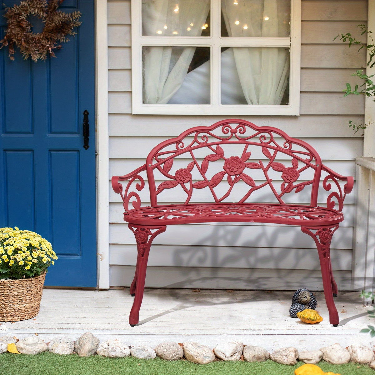 Rose Pattern Cast Aluminum Outdoor Bench 38.5", Floral Vintage Design, Weatherproof & Rustproof, Ergonomic Back & Armrests, Patio Garden Porch Courtyard Seating, Available in Red/Brown/Black