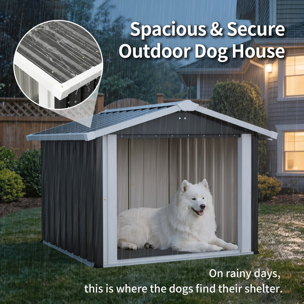 2-in-1 Metal Dog House & Storage Shed 39.7" x 35.8" x 33.3" Weather-Resistant Sloped Roof Elevated Floor Ventilation & PVC Door for Medium to Large Dogs – 30-Min Assembly