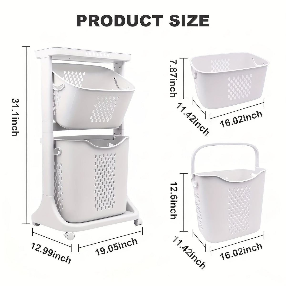 Rolling Laundry Hamper Cart with Wheels – 2/3/4 Tier Large Capacity Laundry Basket with Removable Baskets for Laundry Room Bathroom Organization in White