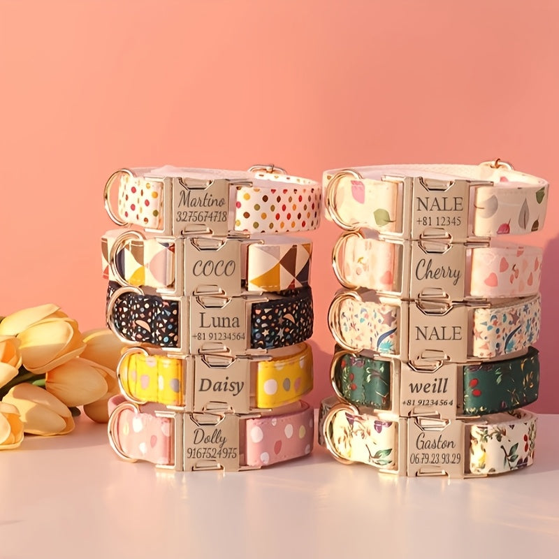 Personalized Dog Collar with ID Tag - Customizable Anti-Lost Pet Collar in 21 Styles, Adjustable XS to XL for Small, Medium, and Large Dogs, Plaid, Floral, and Dot Patterns, Engraved Contact Information