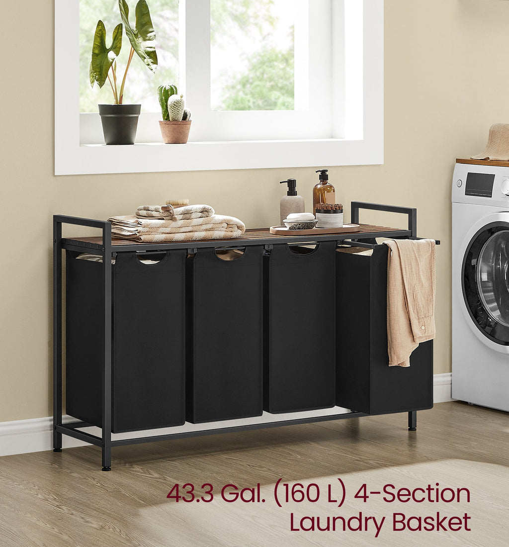 4-Compartment Laundry Sorter & Hamper, 42.3 Gallon Total (4x10.6 Gal), 4 Pull-Out Oxford Fabric Bags, Slatted Ventilation Shelf, 0.8" Steel Frame, Anti-Tip Kit, 45.7"x13"x28.4", Rustic Brown & Black