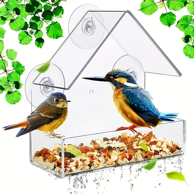 Acrylic Window Bird Feeder, House-Shaped Transparent Seed Tray with Suction Cups for Secure Mounting – Clear View Wild Bird Feeder for Backyard Garden Bird Watching