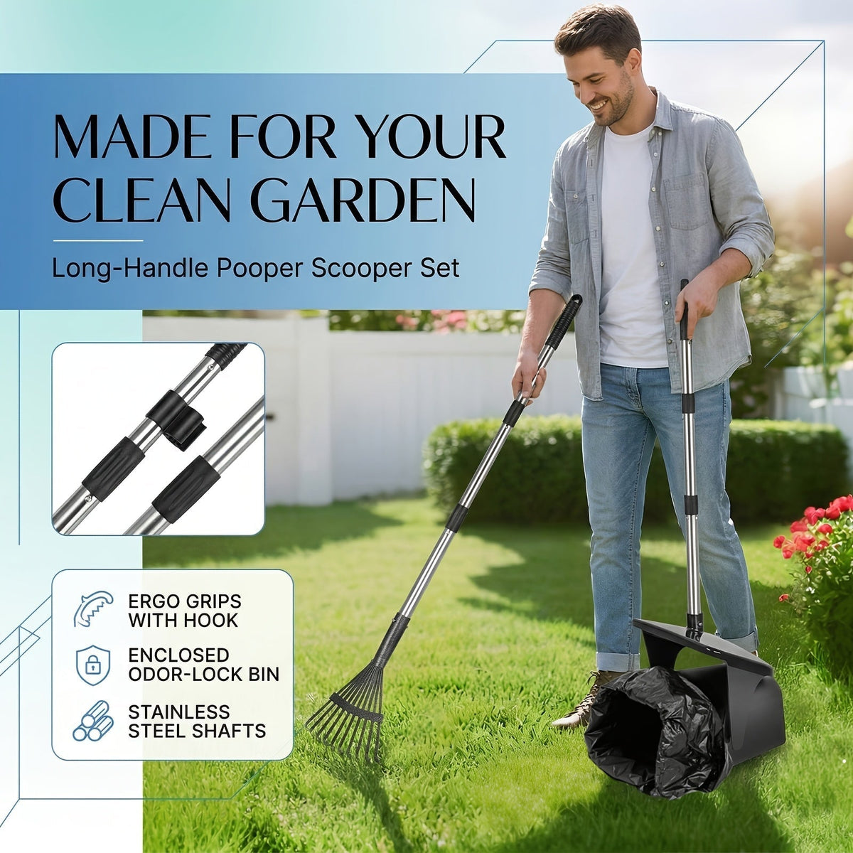 Heavy Duty Dog Pooper Scooper Set with Swivel Bin, Rake & Spade – Long Handle Pet Waste Removal Tool for Grass, Dirt & Gravel, Includes 40 Waste Bags, Great for Large Dogs