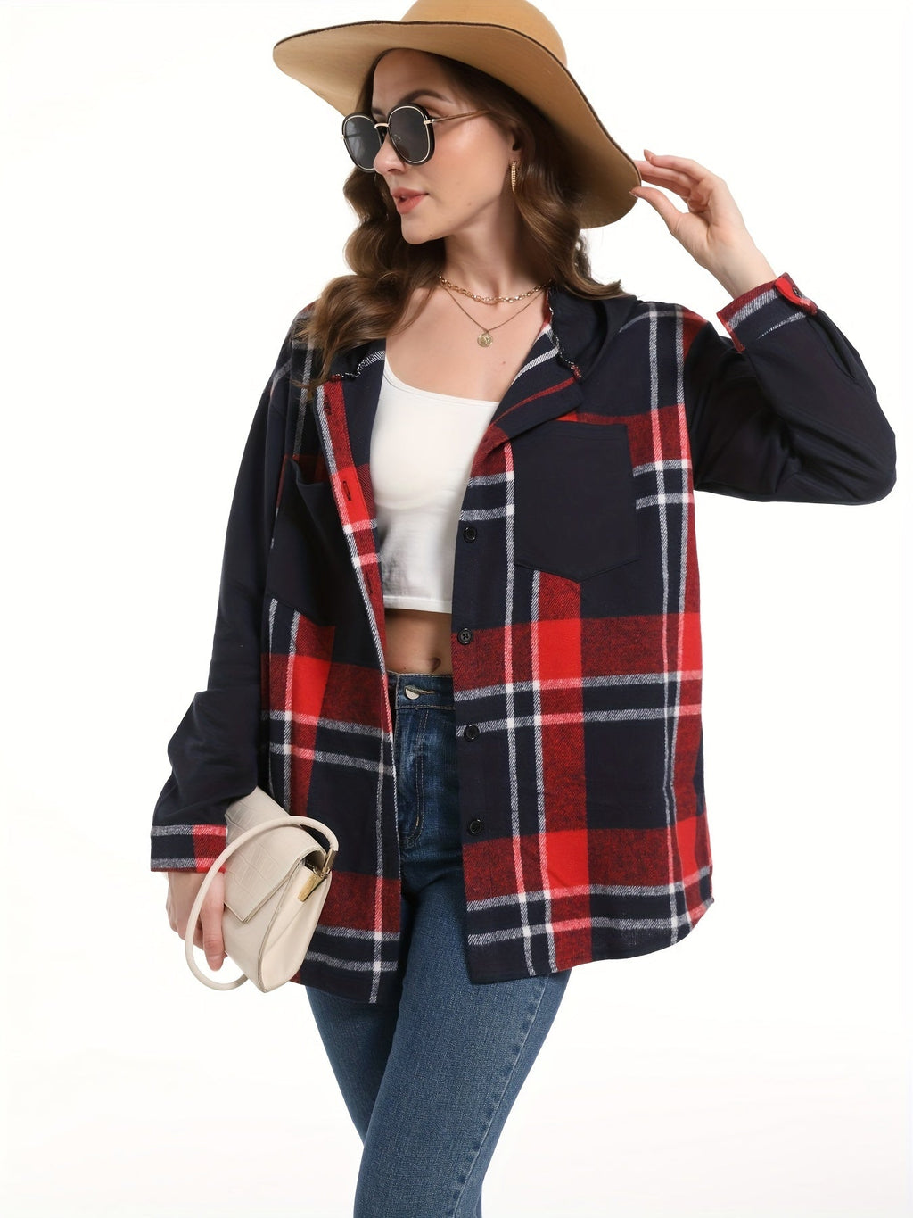 Women's Plaid Hooded Jacket, Drop Shoulder, Woven Patch Pocket, Casual Outerwear, 100% Polyester Suede/PU, Black/White, S, M, XXL