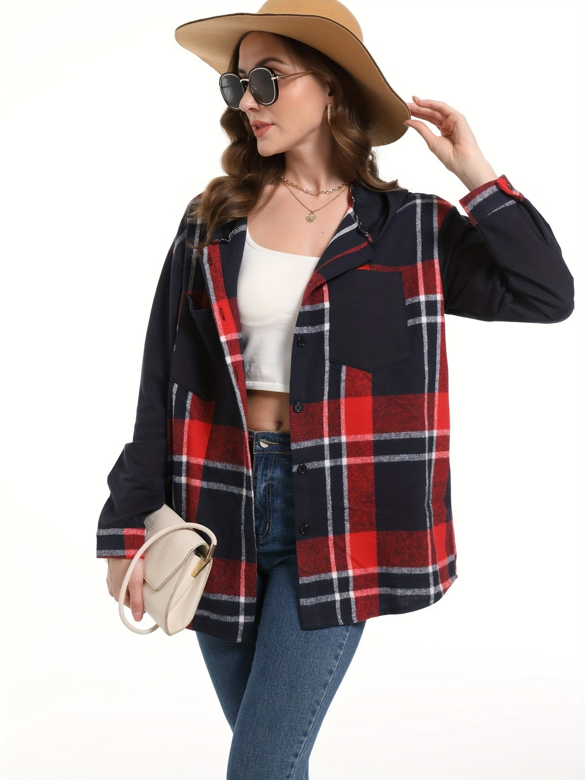 Women's Plaid Hooded Jacket, Drop Shoulder, Woven Patch Pocket, Casual Outerwear, 100% Polyester Suede/PU, Black/White, S, M, XXL