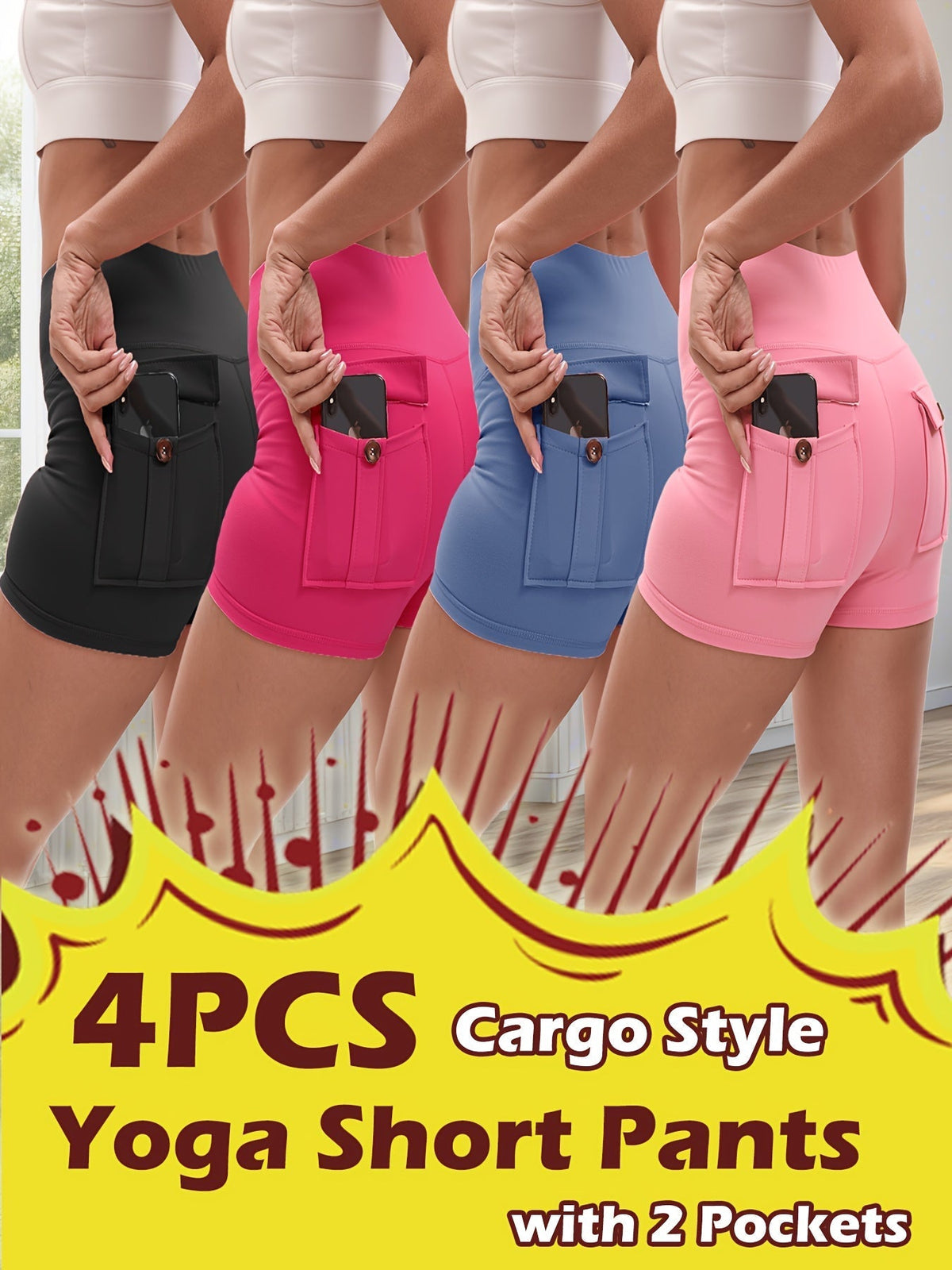 4-Piece Women's High-Stretch Yoga Shorts Set – Hip-Lifting Quick-Dry Fitness Shorts with Elastic Waist & 2 Pockets, Solid Color Athletic Shorts for Gym, Running, and Pilates, S-XXL