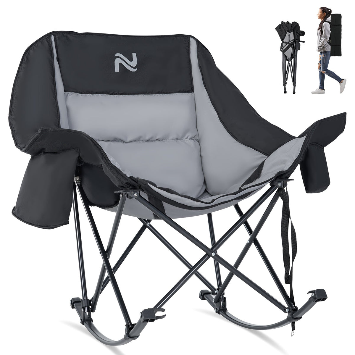 Oversized Rocking Camping Chair – 400 LB Capacity Fully Padded High Back Portable Lawn Recliner with Cooler Bag & Side Pocket for Camp Patio & Outdoor in Black Gray & Blue