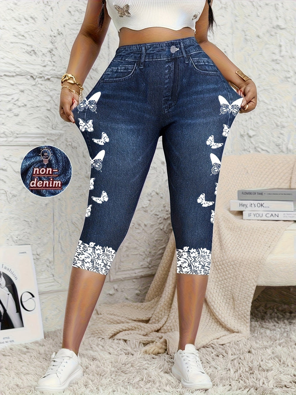 Women's Faux Denim Print Capri Leggings Stretch Tight Printed Cropped Pants Mixed Colors Blue Flower S M L XL XXL