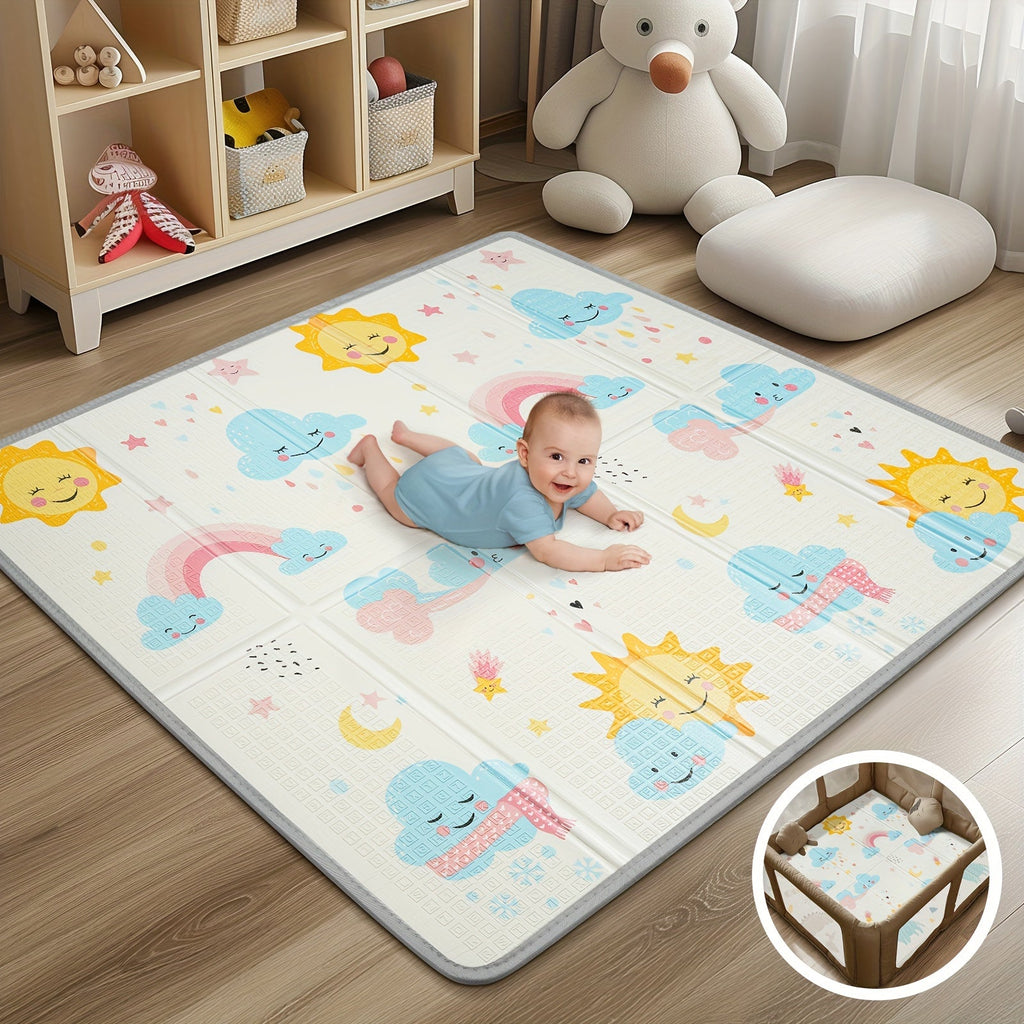 Foldable Safety Foam Baby Play Mat, 50 × 50 × 0.4 Inch Thick Reversible Double-Sided Portable Playpen Floor Mat, Soft Cushioned Baby Activity Mat for Infants & Toddlers, Sun & Planets
